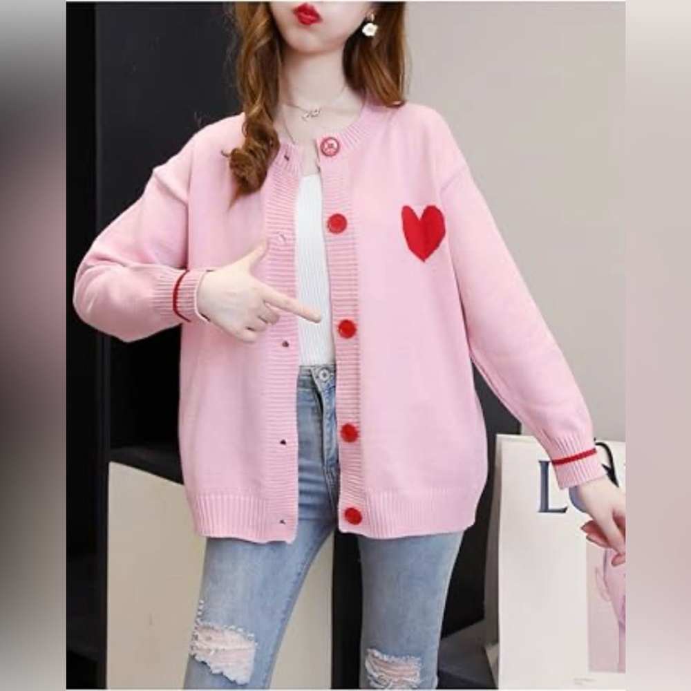 Findthy Sweater Women Knitted Pink Cardigan Valentines Heart Printed Bottons
